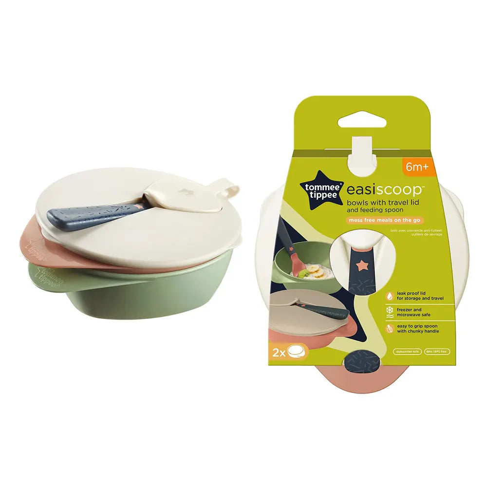 Tommee Tippee Easy Scoop Bowl with travel lid and feeding spoon